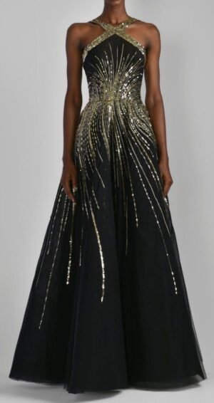 Vestido Negro con detalles Dorados